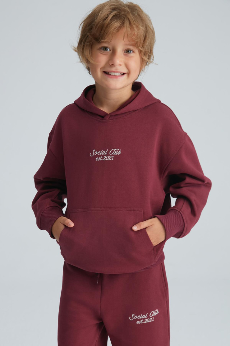 ZVONKO Erkek Çocuk %100m Pamuk Kapüşonlu Lastikli Bel Bordo Alt-Üst Takım