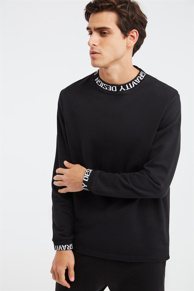 ACE Erkek Siyah Baskılı Yuvarlak Yaka Comfort Fit Sweatshirt