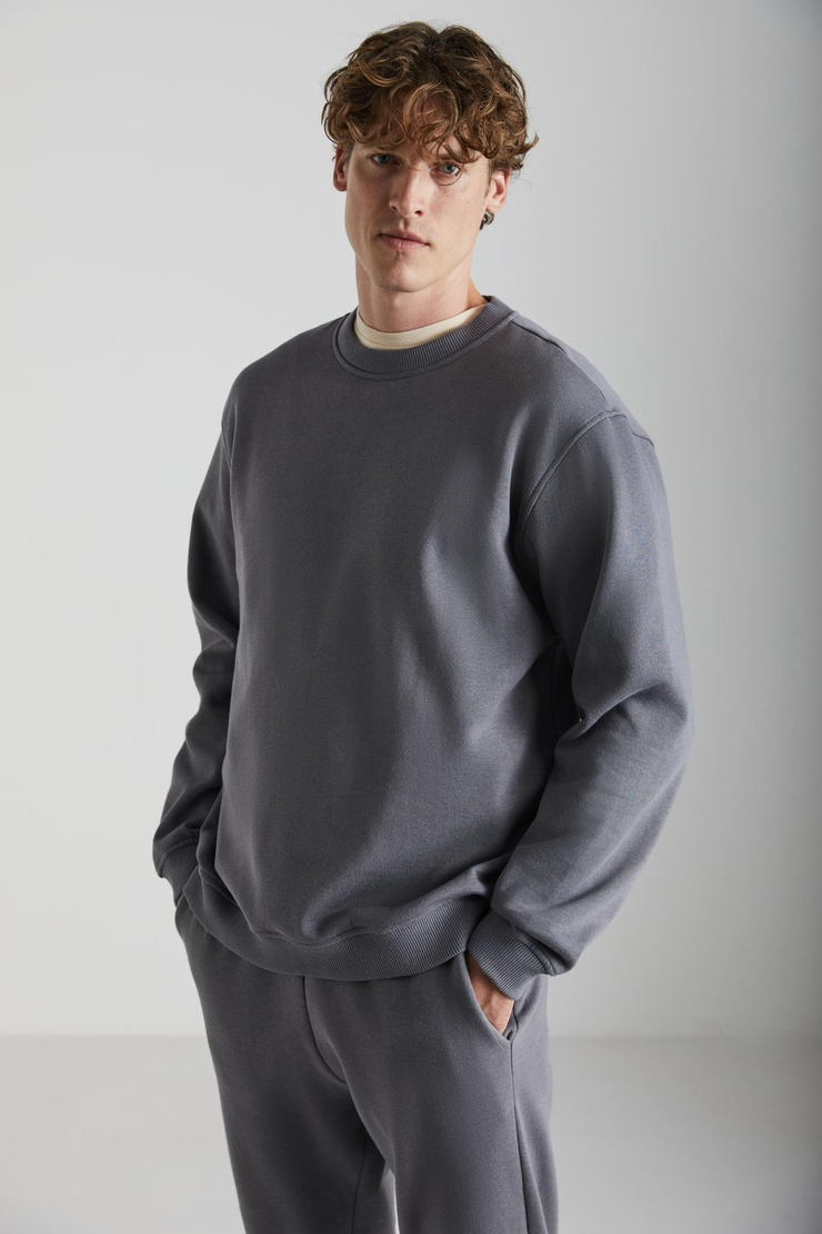 ADAMS Erkek İçi Polarlı Sıcak Tutan 3 İplik Örme %100 Organik Pamuk Regular Fit Gri Sweatshirt