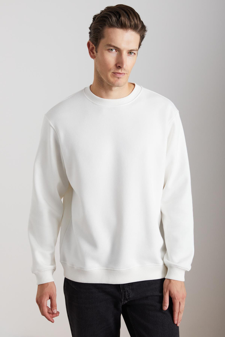 ADAMS Erkek İçi Polarlı Sıcak Tutan 3 İplik Örme %100 Organik Pamuk Regular Fit Ekru Sweatshirt