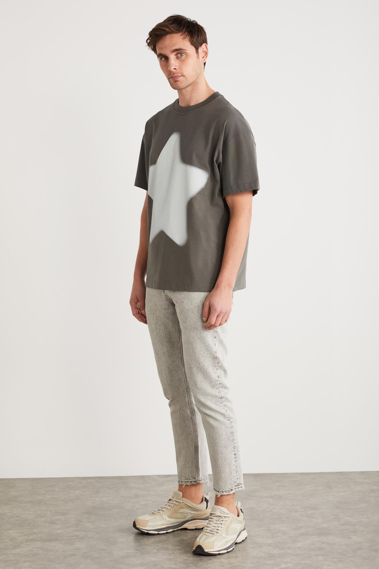 ADAN Erkek %100 Pamuk Yıldız Baskılı Bisiklet Yaka Kısa Kollu Oversize Gri T-Shirt
