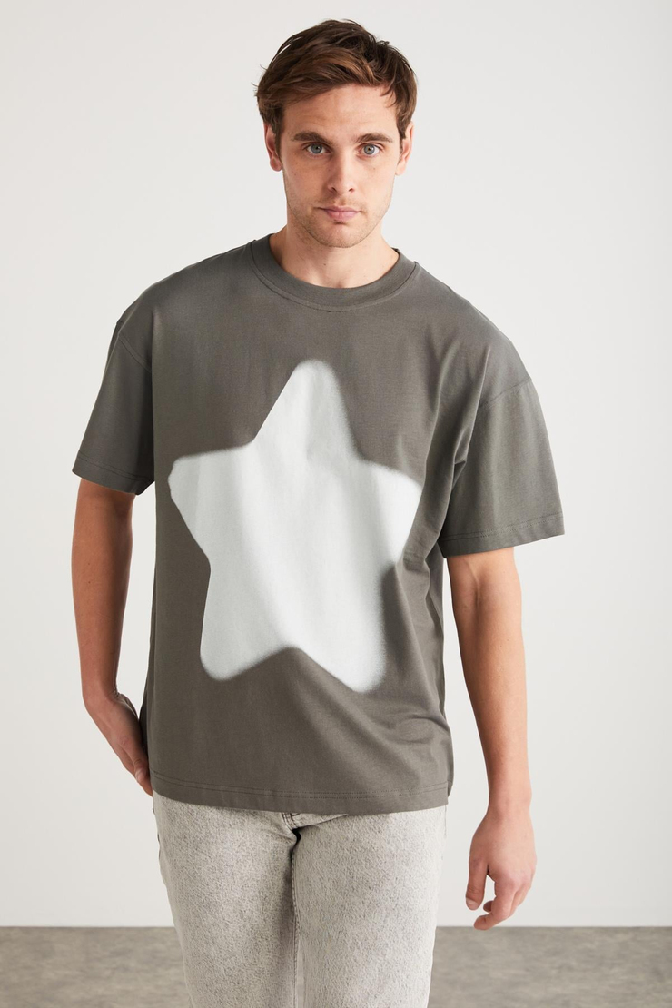 ADAN Erkek %100 Pamuk Yıldız Baskılı Bisiklet Yaka Kısa Kollu Oversize Gri T-Shirt