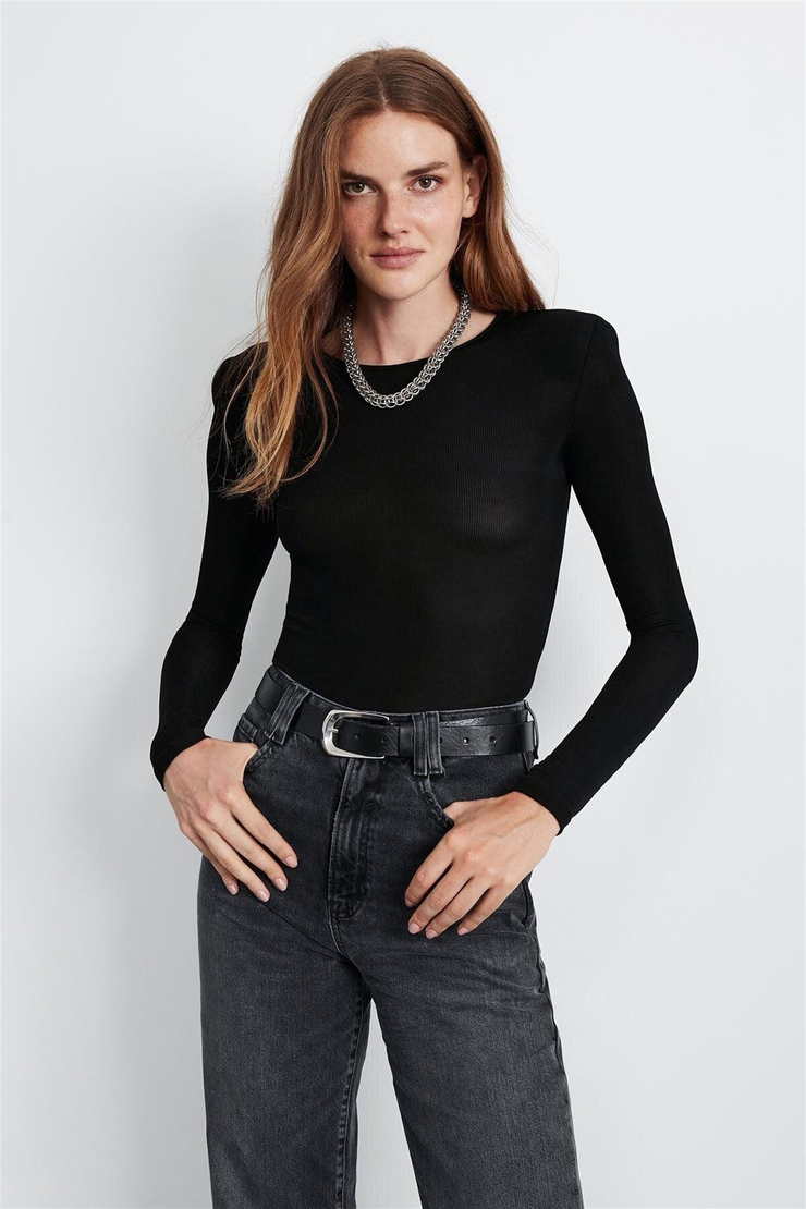 ADELINE Kadın Siyah Çizgili Bisiklet Yaka Regular Fit Body