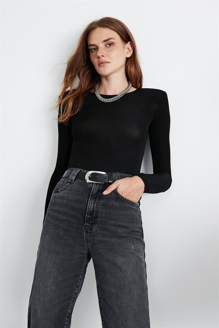 ADELINE Kadın Siyah Çizgili Bisiklet Yaka Regular Fit Body