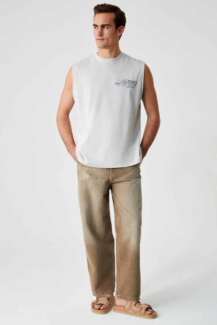 ADEWALE Erkek Baskı Detaylı Biisklet Yaka Oversize %100 Organik Pamuk Taş Rengi T-Shirt