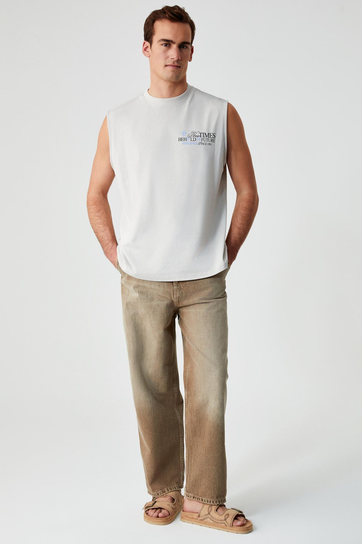 ADEWALE Erkek Baskı Detaylı Biisklet Yaka Oversize %100 Organik Pamuk Taş Rengi T-Shirt
