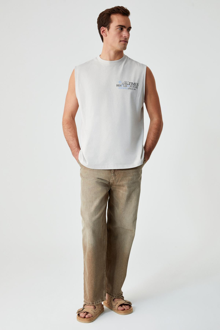 ADEWALE Erkek Baskı Detaylı Biisklet Yaka Oversize %100 Organik Pamuk Taş Rengi T-Shirt