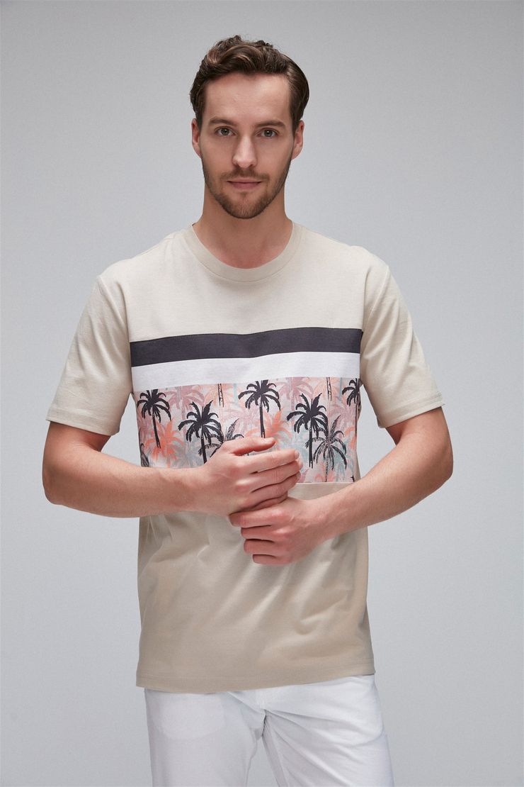 ADRIAN Erkek Bej Baskılı Yuvarlak Yaka Comfort Fit T-Shirt