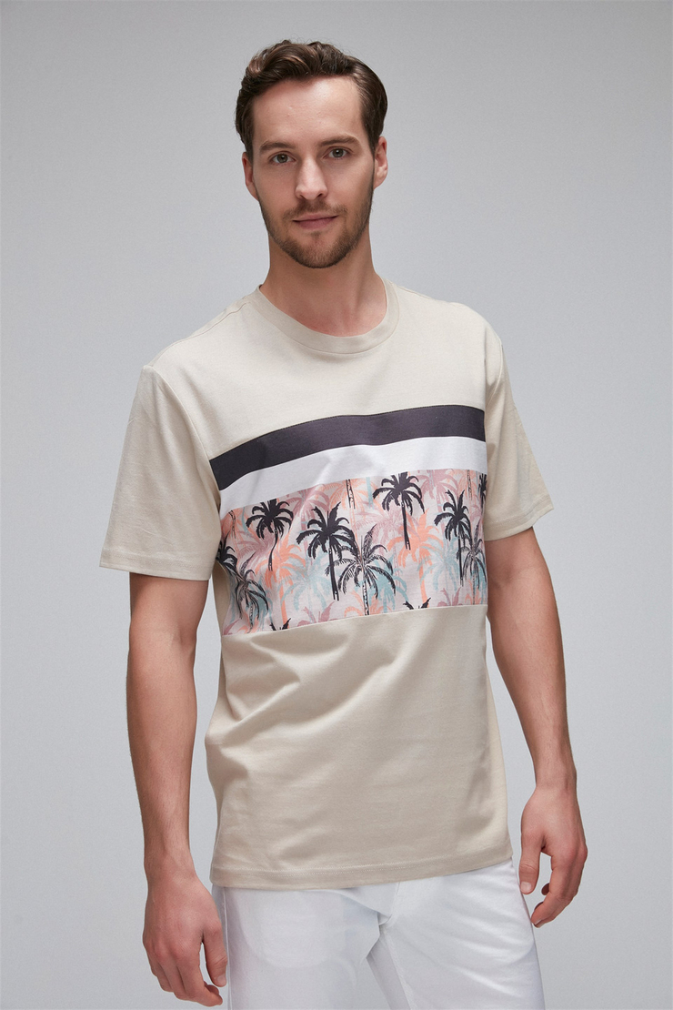 ADRIAN Erkek Bej Baskılı Yuvarlak Yaka Comfort Fit T-Shirt