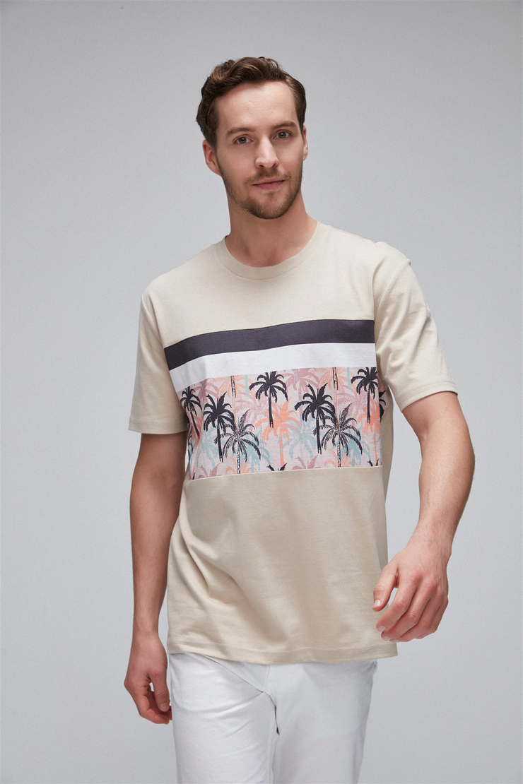 ADRIAN Erkek Bej Baskılı Yuvarlak Yaka Comfort Fit T-Shirt