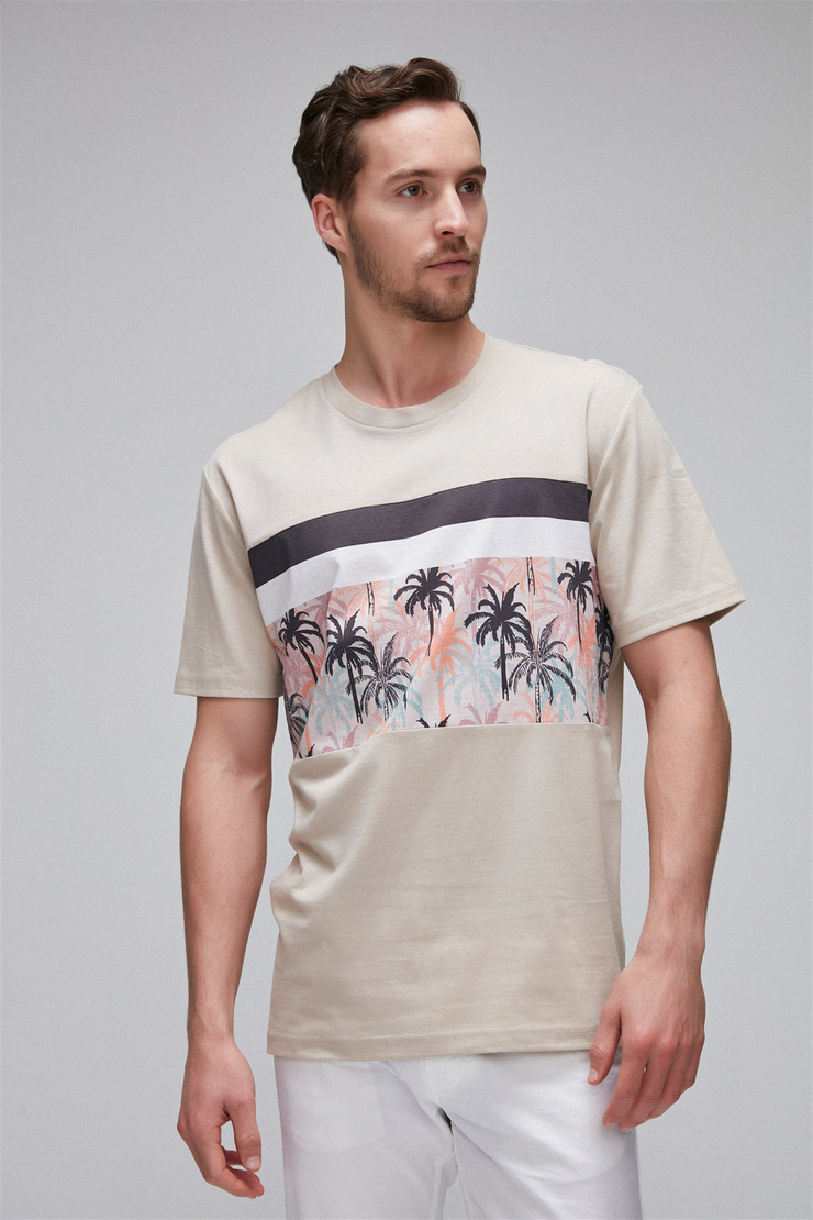 ADRIAN Erkek Bej Baskılı Yuvarlak Yaka Comfort Fit T-Shirt
