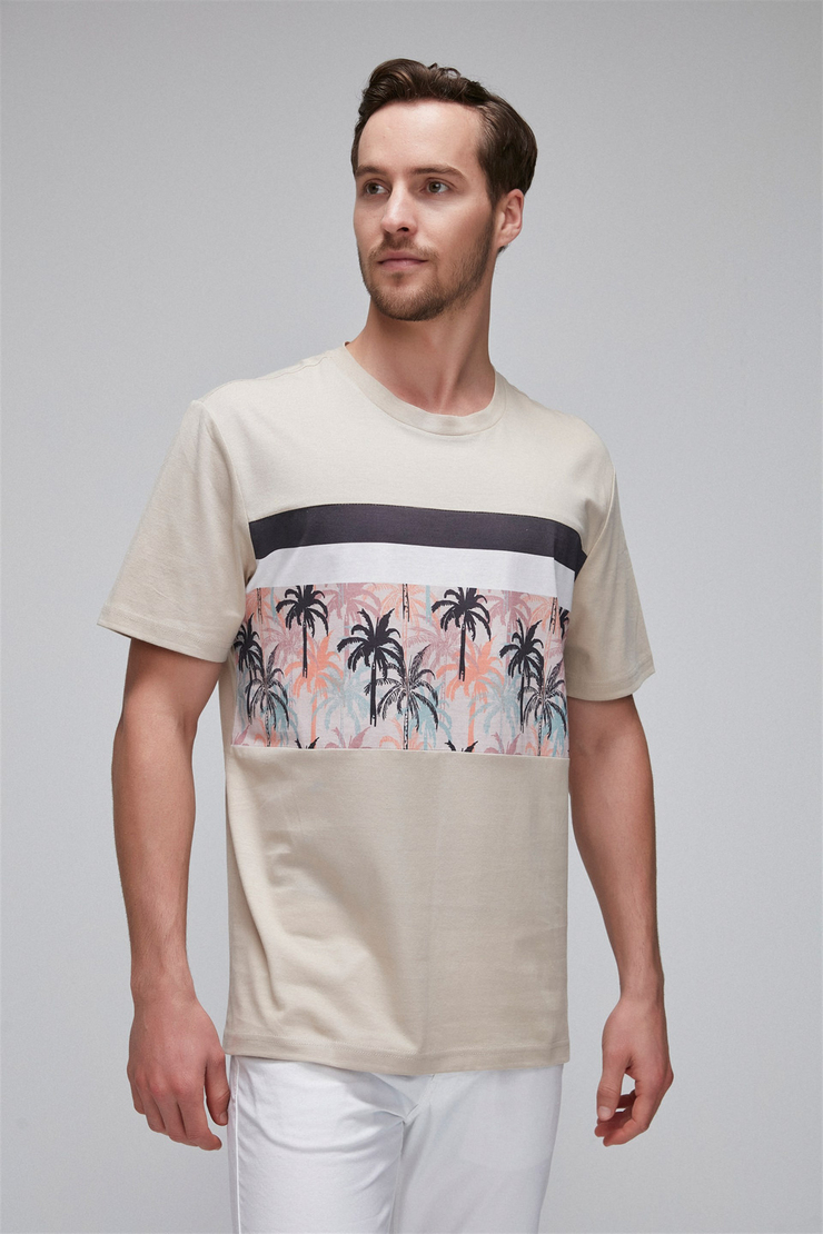 ADRIAN Erkek Bej Baskılı Yuvarlak Yaka Comfort Fit T-Shirt