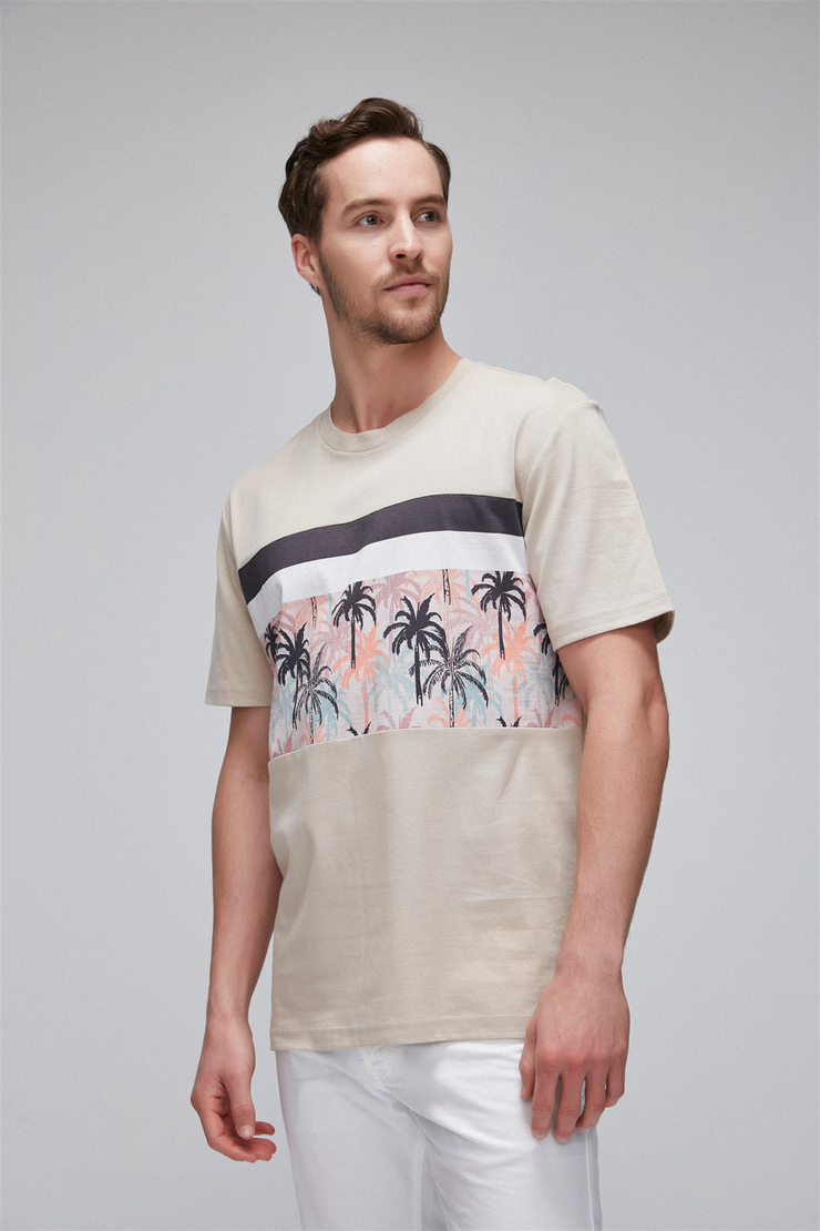 ADRIAN Erkek Bej Baskılı Yuvarlak Yaka Comfort Fit T-Shirt