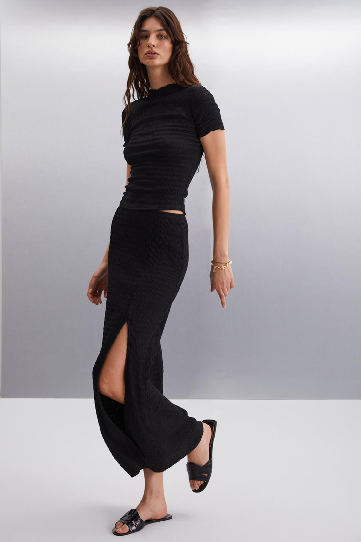 AIVY Kadın Slim Fit Dokulu Vücuda Oturan Dokuma Siyah Etek