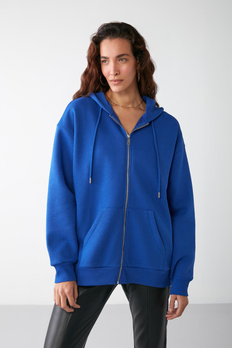 ALENA Kadın Basic Kanguru Cepli Oversize Organik Pamuk Fermuarlı Kapüşonlu Saks Mavi Sweatshirt