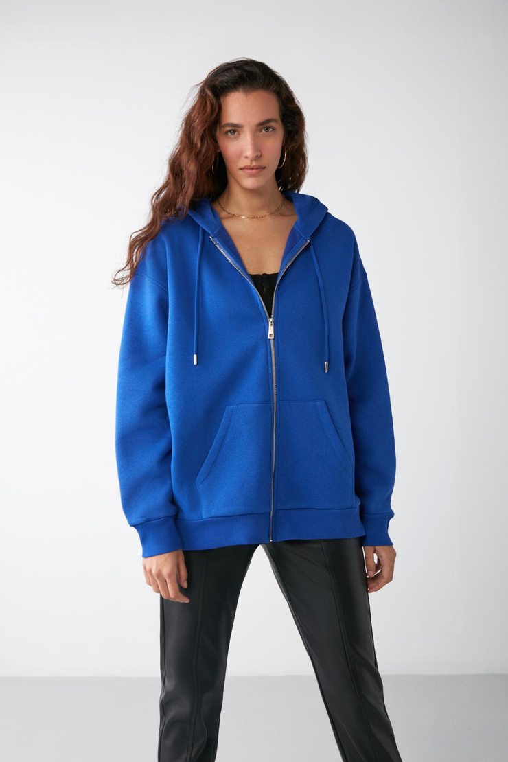 ALENA Kadın Basic Kanguru Cepli Oversize Organik Pamuk Fermuarlı Kapüşonlu Saks Mavi Sweatshirt