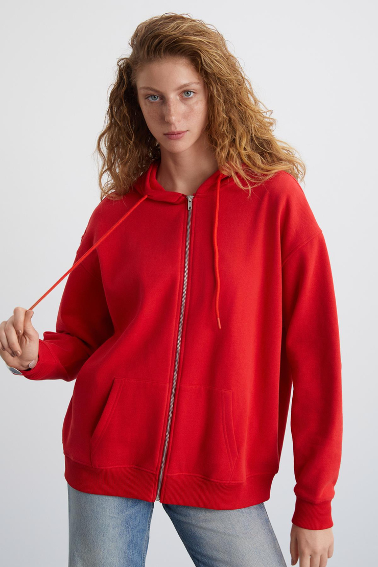 Alena Kadın Oversize Organik Pamuklu Metal Fermuarlı Kapüşonlu İçi Polarlı Kırmızı Sweatshirt