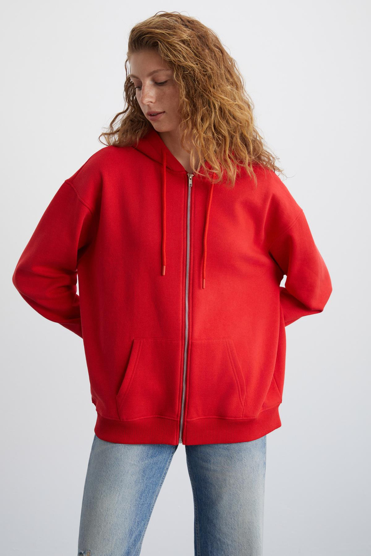 Alena Kadın Oversize Organik Pamuklu Metal Fermuarlı Kapüşonlu İçi Polarlı Kırmızı Sweatshirt