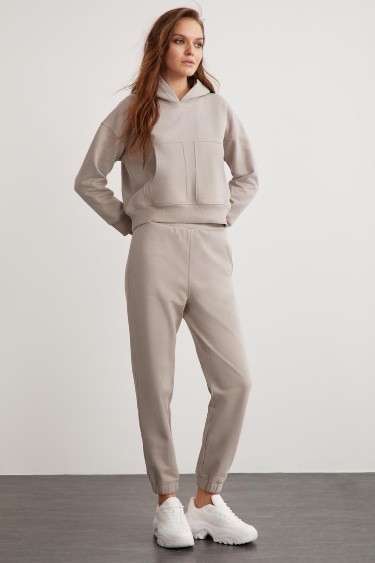 ALESSI Kadın Kapüşonlu Çift Cepli 3 İplik Vizon Sweatshirt