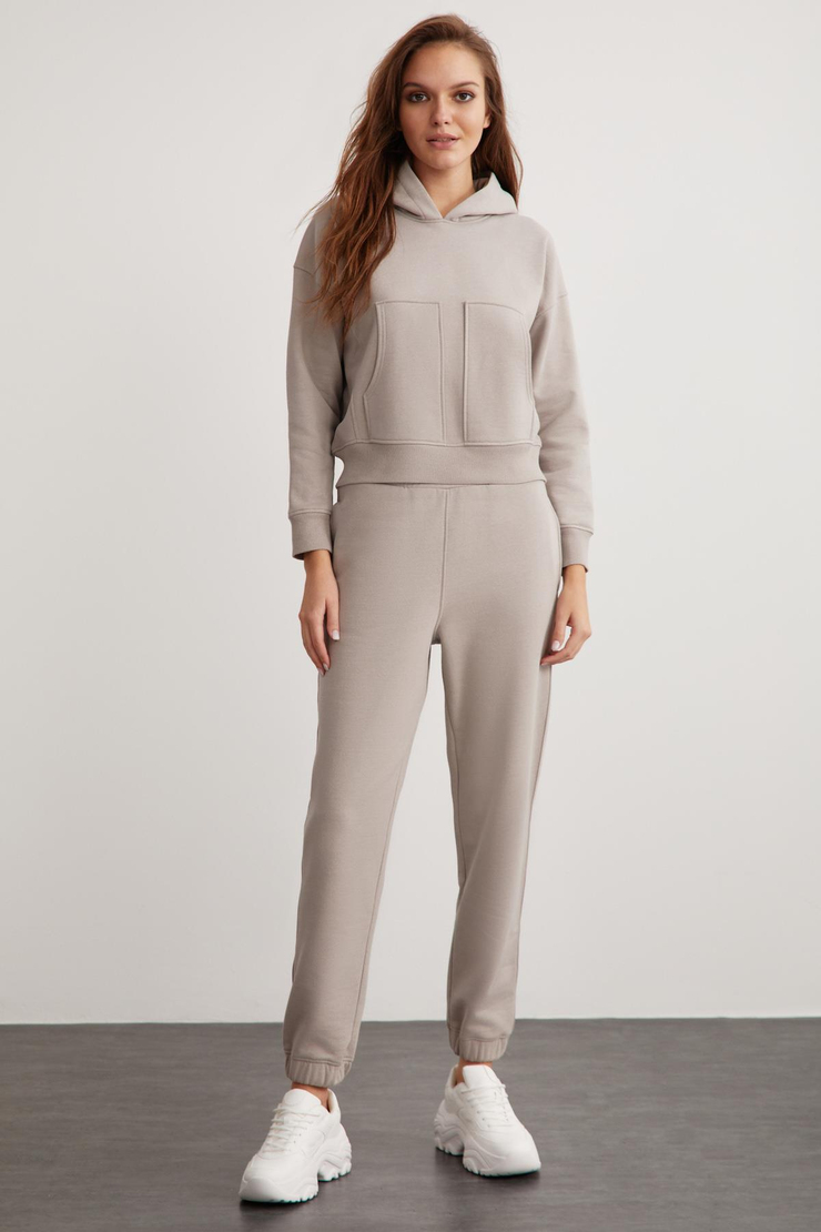 ALESSI Kadın Kapüşonlu Çift Cepli 3 İplik Vizon Sweatshirt