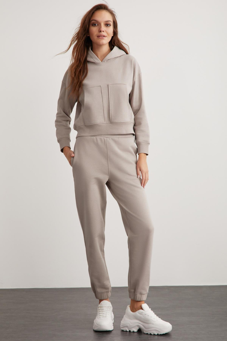 ALESSI Kadın Kapüşonlu Çift Cepli 3 İplik Vizon Sweatshirt
