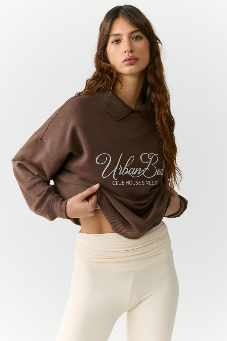 ALEXIA Kadın Triko Gömlek Yakalı Baskı Detaylı Relaxed Kahverengi Sweatshirt