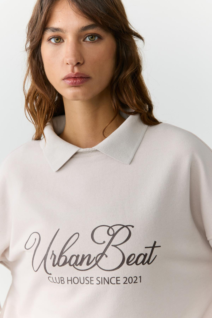 ALEXIA Kadın Triko Gömlek Yakalı Baskı Detaylı Relaxed Taş Rengi Sweatshirt