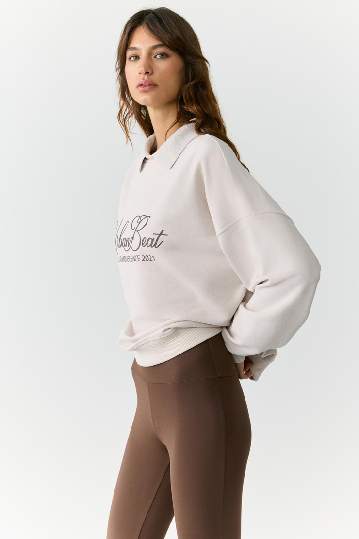ALEXIA Kadın Triko Gömlek Yakalı Baskı Detaylı Relaxed Taş Rengi Sweatshirt