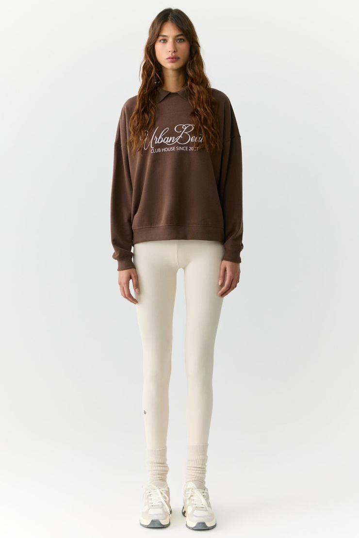 ALEXIA Kadın Triko Gömlek Yakalı Baskı Detaylı Relaxed Kahverengi Sweatshirt