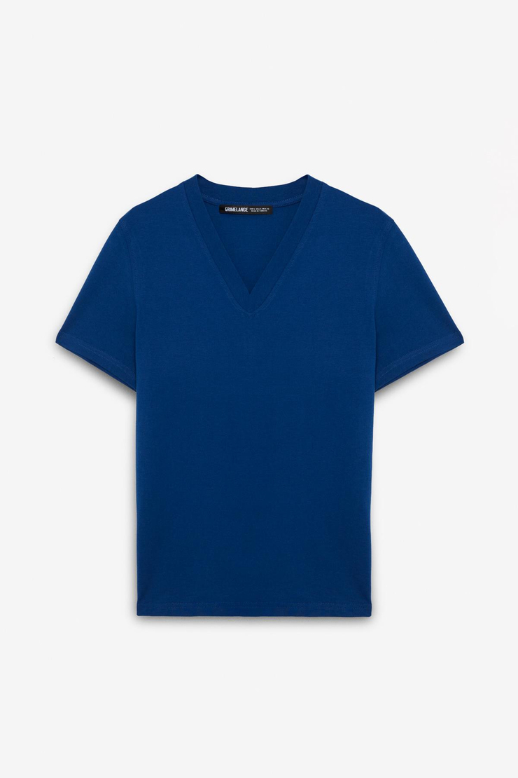 ALINE Kadın %100 organik Pamuk Derin V Yakalı Comfort Fit Petrol Mavisi T-Shirt
