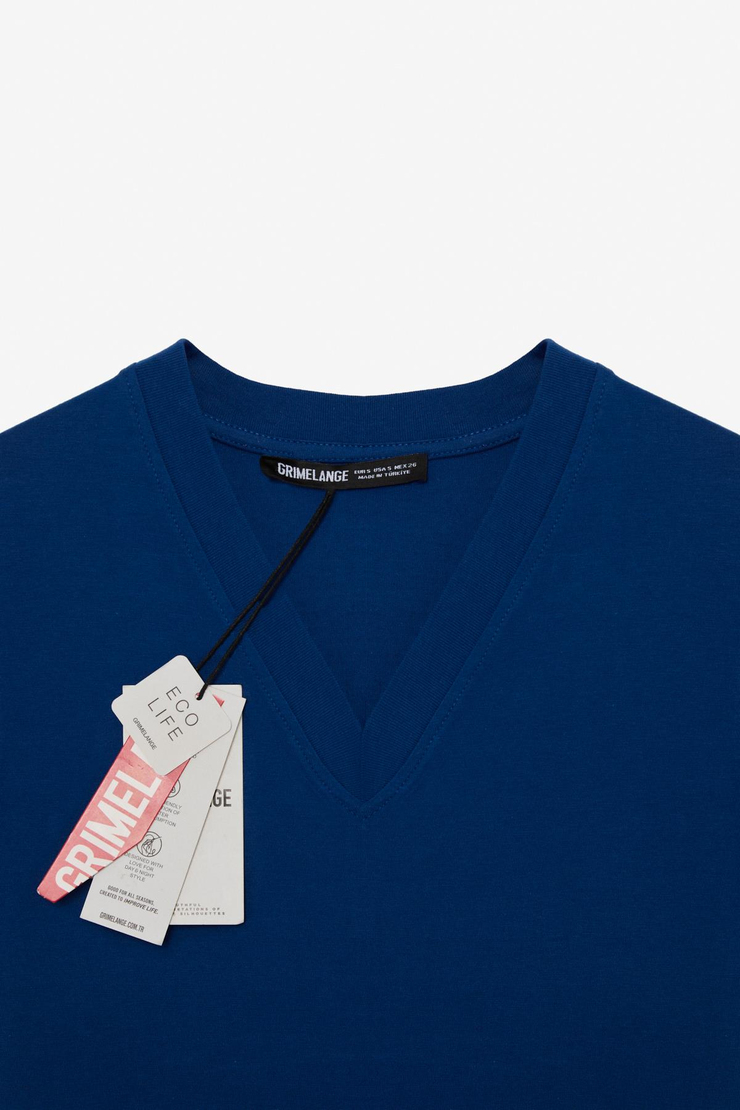 ALINE Kadın %100 organik Pamuk Derin V Yakalı Comfort Fit Petrol Mavisi T-Shirt