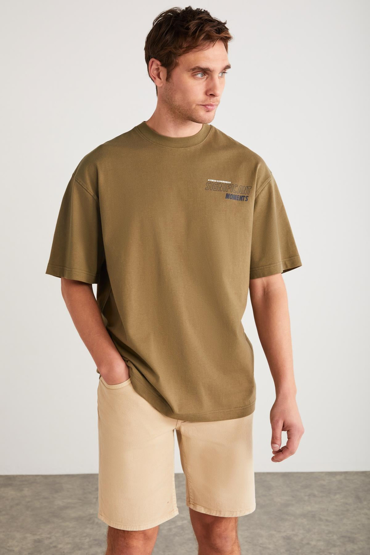 ALLEN Basic Oversize Haki Tekli T-Shirt