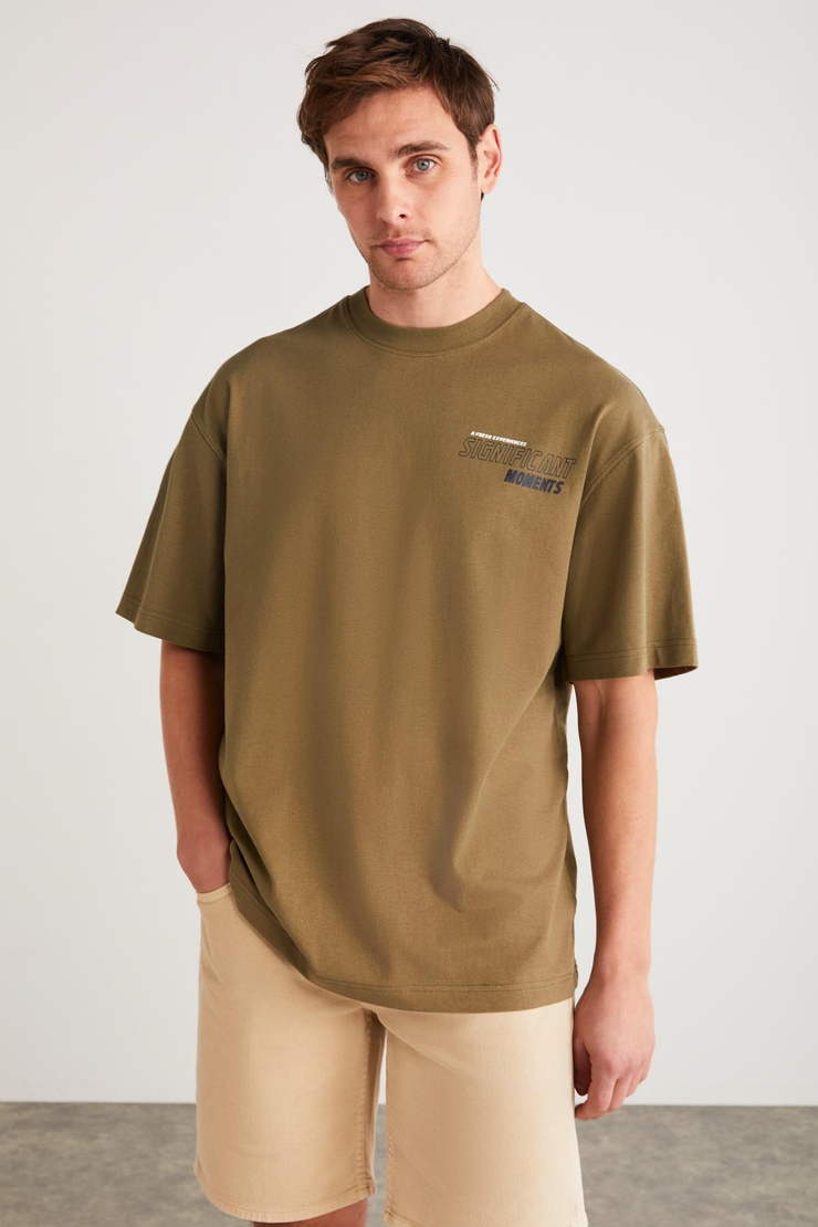 ALLEN Basic Oversize Haki Tekli T-Shirt