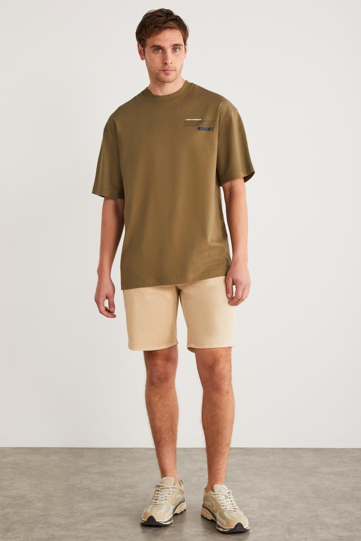 ALLEN Basic Oversize Haki Tekli T-Shirt