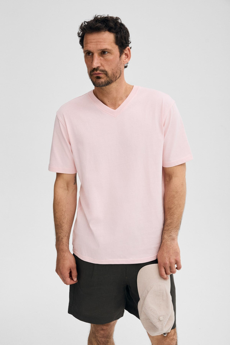 ALMERI Erkek %100 Pamuk Yumuşak Kumaşlı V Yakalı Pembe T-Shirt
