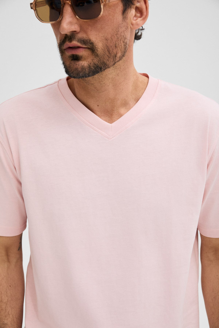 ALMERI Erkek %100 Pamuk Yumuşak Kumaşlı V Yakalı Pembe T-Shirt