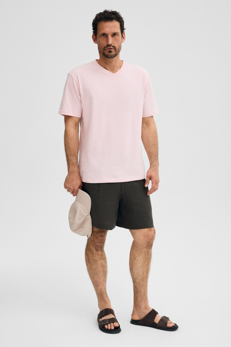 ALMERI Erkek %100 Pamuk Yumuşak Kumaşlı V Yakalı Pembe T-Shirt