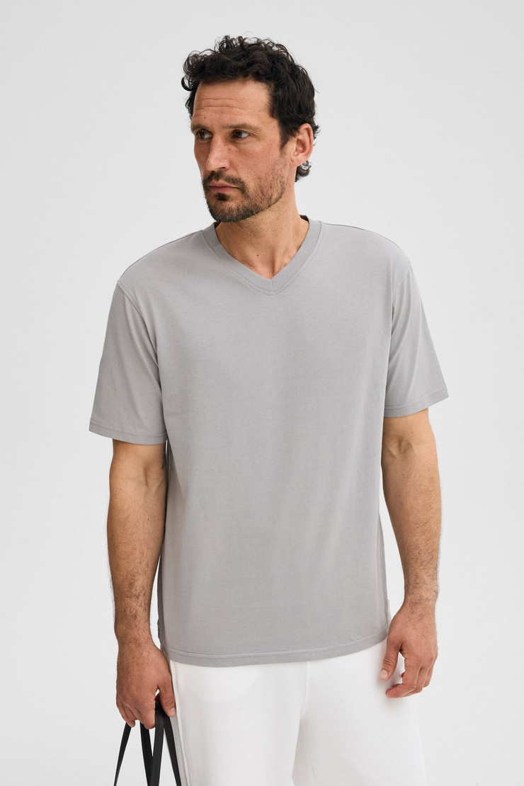ALMERI Erkek %100 Pamuk Yumuşak Kumaşlı V Yakalı Gri T-Shirt