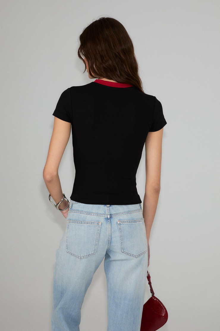 ALMILA Kadın Yumuşak Ve Esnek Kumaşlı Organik Pamuklu Dünya Kupasına Özel Baskılı Siyah T-Shirt