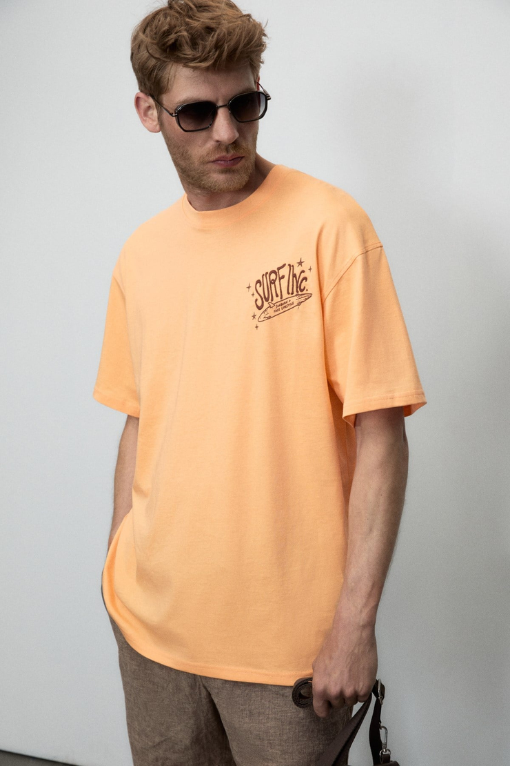ALONZO Erkek Oversize Fit %100 Pamuk Nakışlı Ve Baskılı Turuncu T-Shirt