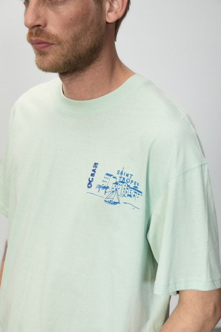 ALONZO Erkek Oversize Fit %100 Pamuk Nakışlı Ve Baskılı Mint Yeşil T-Shirt