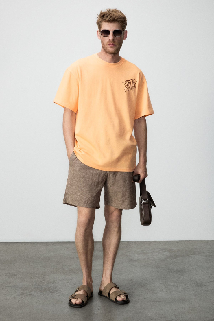 ALONZO Erkek Oversize Fit %100 Pamuk Nakışlı Ve Baskılı Turuncu T-Shirt