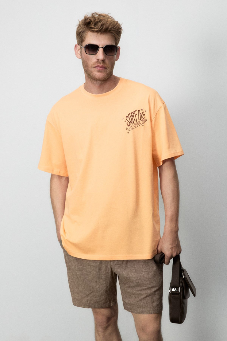 ALONZO Erkek Oversize Fit %100 Pamuk Nakışlı Ve Baskılı Turuncu T-Shirt