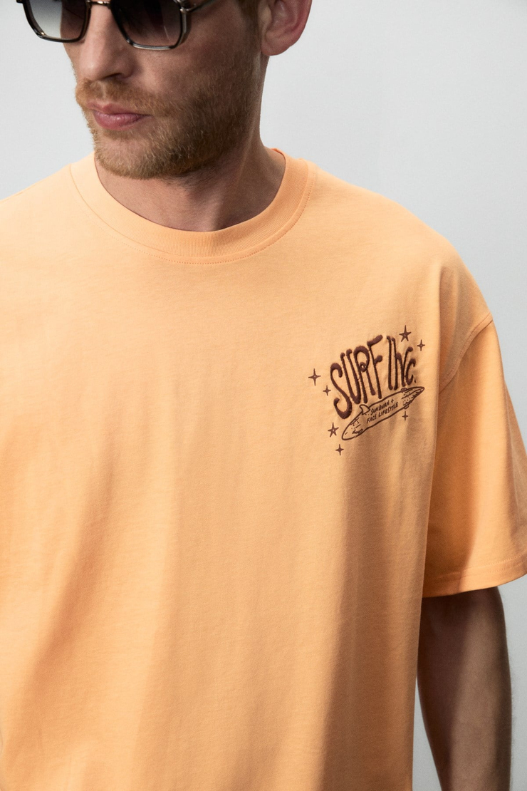 ALONZO Erkek Oversize Fit %100 Pamuk Nakışlı Ve Baskılı Turuncu T-Shirt