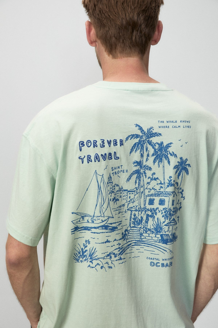ALONZO Erkek Oversize Fit %100 Pamuk Nakışlı Ve Baskılı Mint Yeşil T-Shirt