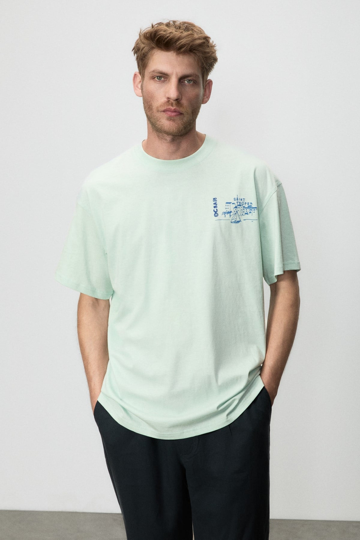 ALONZO Erkek Oversize Fit %100 Pamuk Nakışlı Ve Baskılı Mint Yeşil T-Shirt
