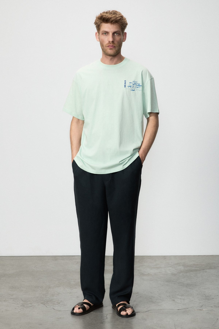 ALONZO Erkek Oversize Fit %100 Pamuk Nakışlı Ve Baskılı Mint Yeşil T-Shirt
