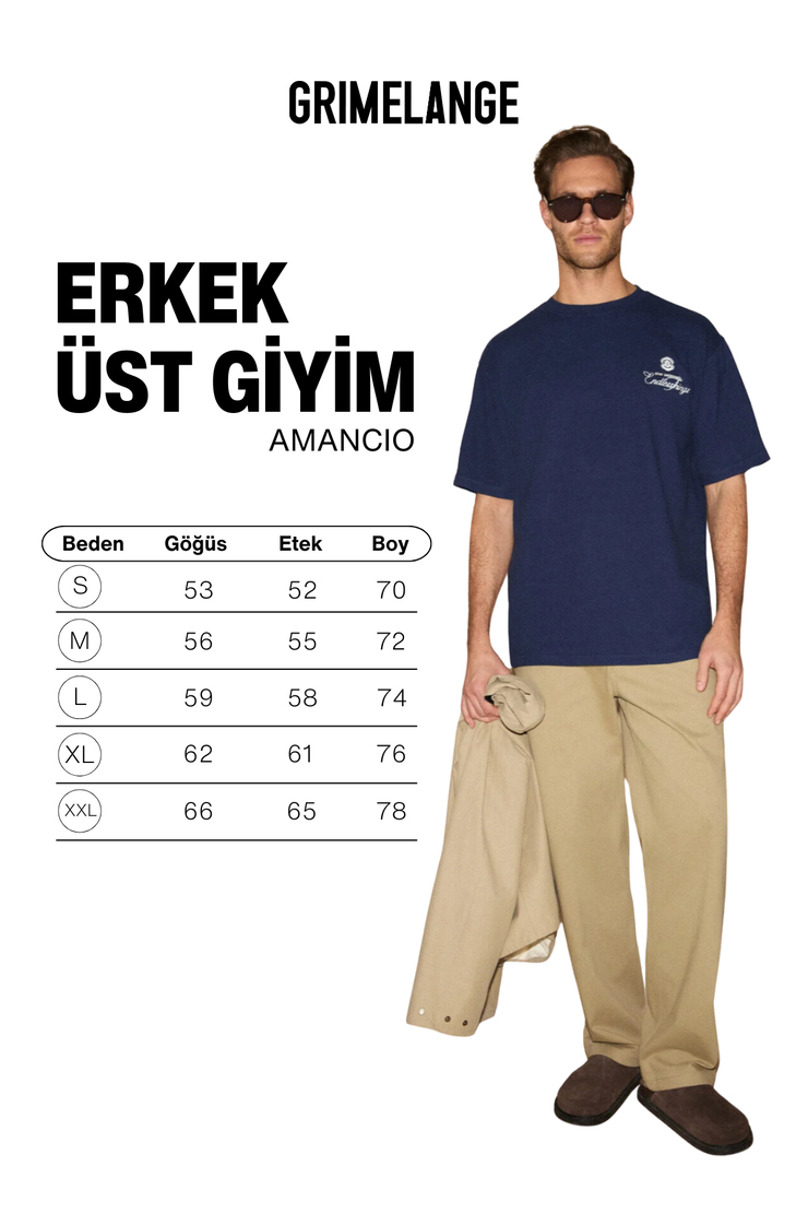 AMANCIO Erkek Organik Pamuklu Baskı Ve Nakış Detaylı Bisiklet Yaka Oversıze Lacivert T-Shirt