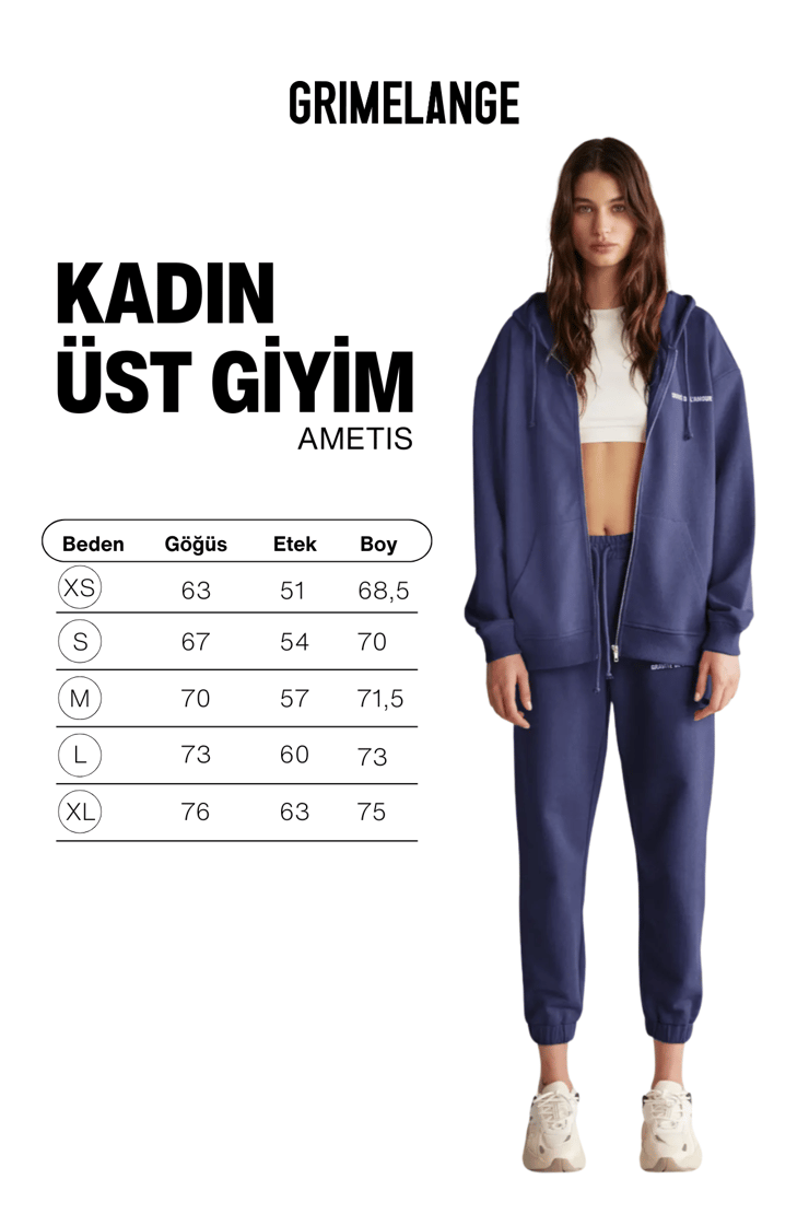 AMETIS Kadın İçi Polarlı Nakış Yazı Detaylı Organik Pamuk Oversize Kapüşonlu Lacivert Sweatshirt