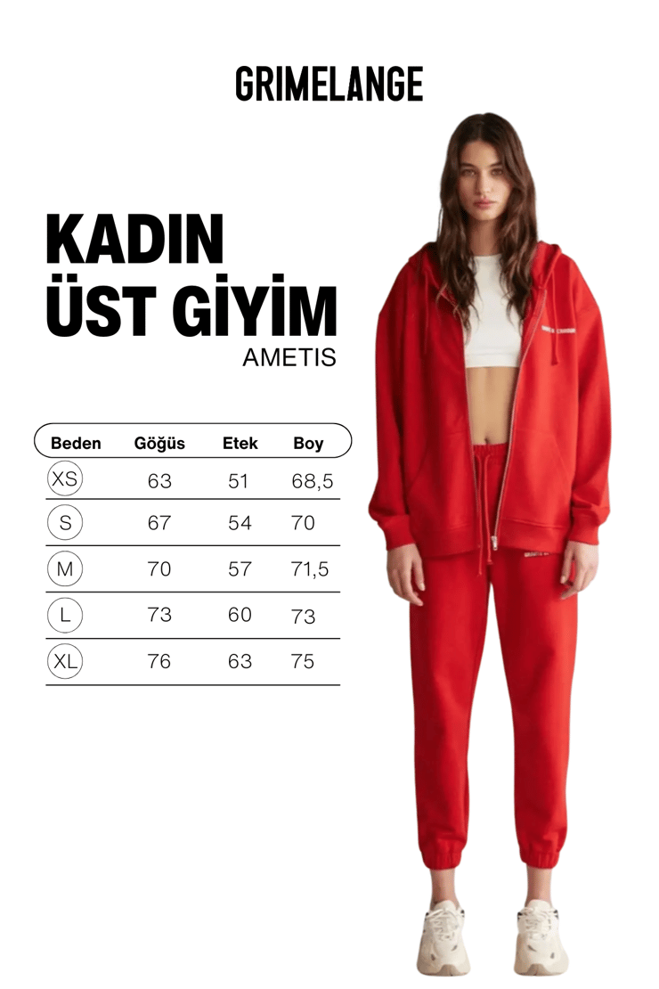 AMETIS Kadın İçi Polarlı Nakış Yazı Detaylı Organik Pamuk Oversize Kapüşonlu Kırmızı Sweatshirt